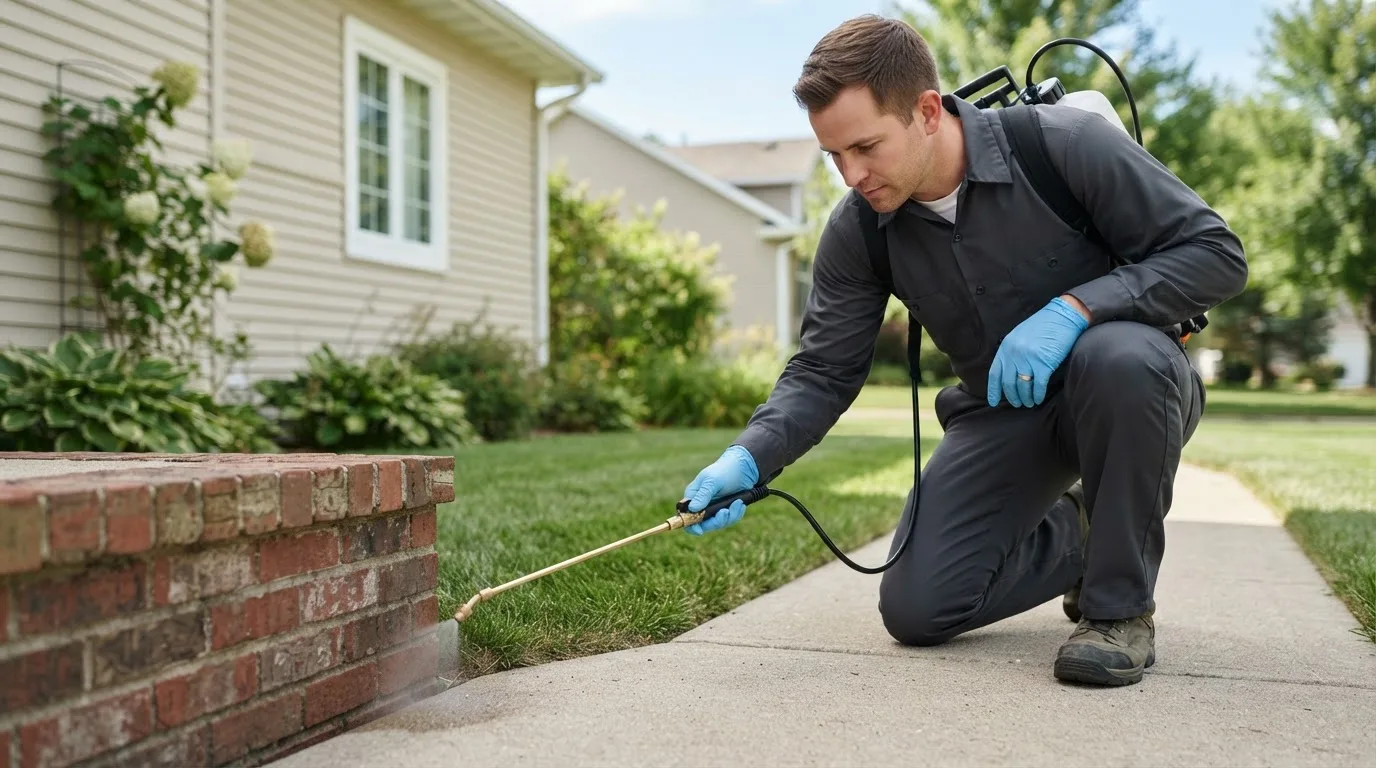 Pest control technician treating a home near Uniondale, NY